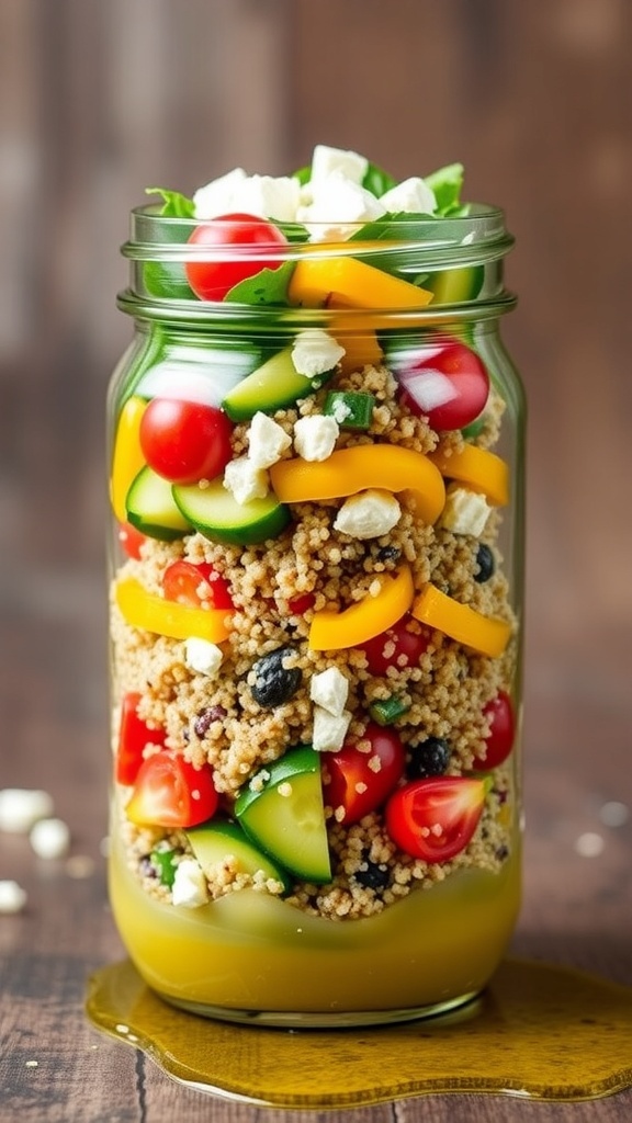 Mediterranean Quinoa Salad in a Jar Mediterranean quinoa salad in a jar with colorful vegetables and feta cheese, set on a wooden table.